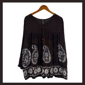 Sacred Threads Boho Batik Tunic Top Brown White Beaded Tie Lagenlook One Size